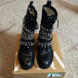 Zara Women's Black Moto Boots with Chain Accents